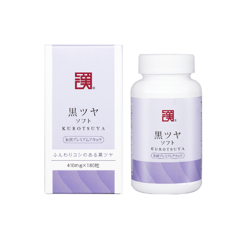 西卡KUROTSUYA黑髮靈產品,展示濃密烏黑秀髮的瓶子和包裝,改善白髮脫髮的自然解決方案