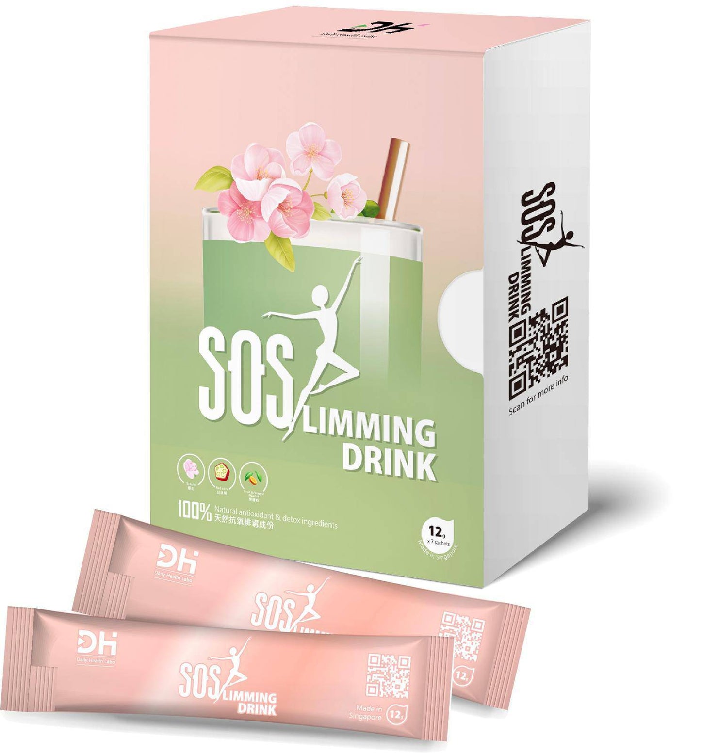 Daily Health Labo SOS瘦身飲，來自新加坡的天然修身飲，展示瓶裝與產品包裝。