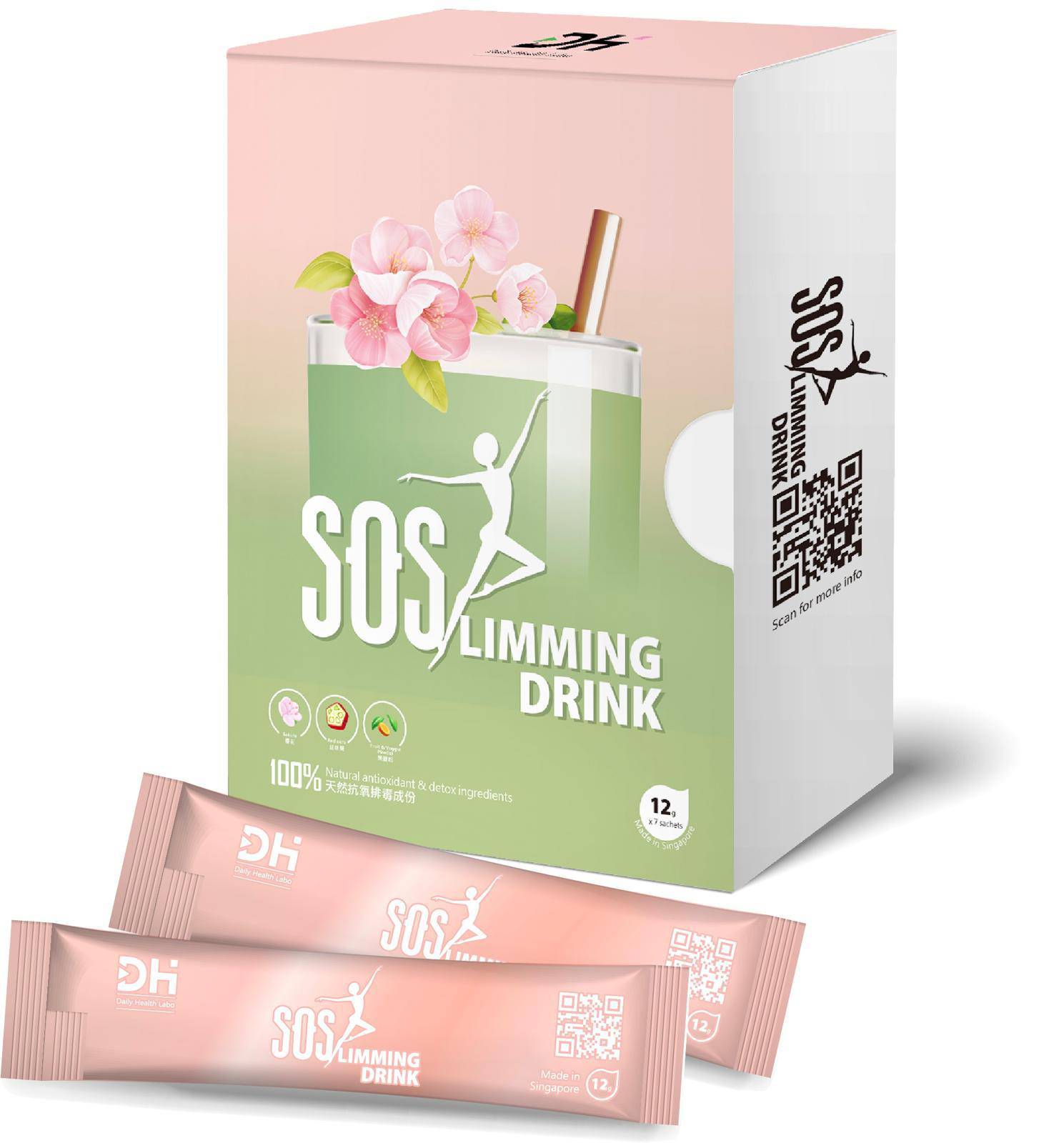 Daily Health Labo SOS瘦身飲，來自新加坡的天然修身飲，展示瓶裝與產品包裝。